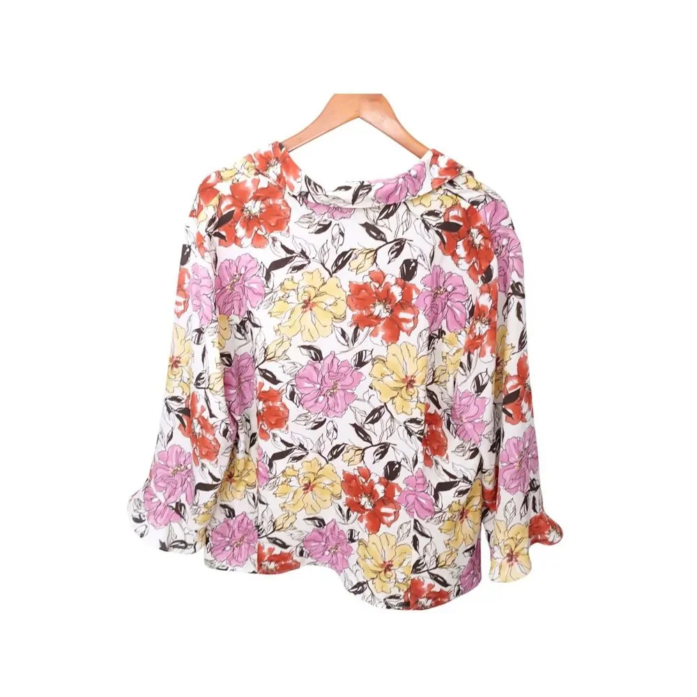 JM COLLECTION Pink Floral Ruffled Blouse Long Sleeve Romantic Cottagecore Sz 18